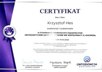 Certyfikat Ortodoncja z logopedią - Dr Krzysztof Hes - Dentysta Niepołomice