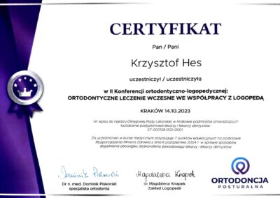 Certyfikat - Ortodonta Niepołomice, Dr Krzysztof Hes Dentysta