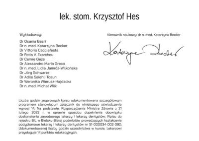 Certyfikat - Dr Krzysztof Hes - Ortodoncja Alignery Trudne przypadki