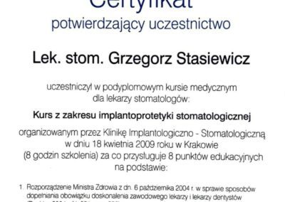 Certyfikat szkolenie - Dr Grzegorz Stasiewicz