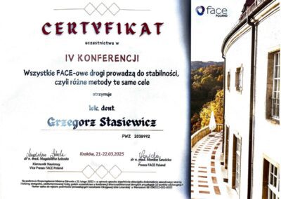Certyfikat ze szkolenia Dr Grzegorz Stasiewicz