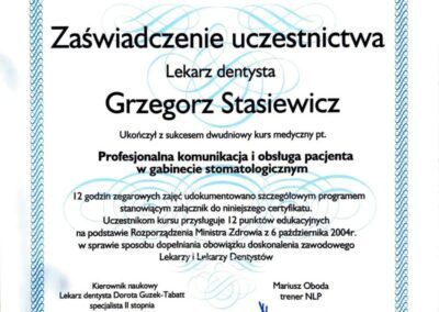 Certyfikat ze szkolenia Dr Grzegorz Stasiewicz