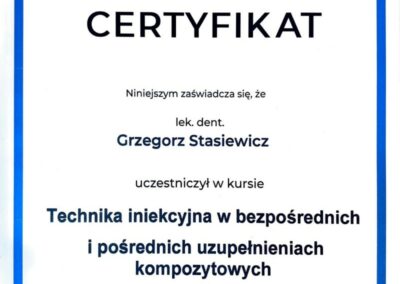 Certyfikat ze szkolenia Dr Grzegorz Stasiewicz