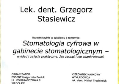 Certyfikat ze szkolenia Dr Grzegorz Stasiewicz