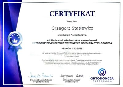 Certyfikat ze szkolenia Dr Grzegorz Stasiewicz