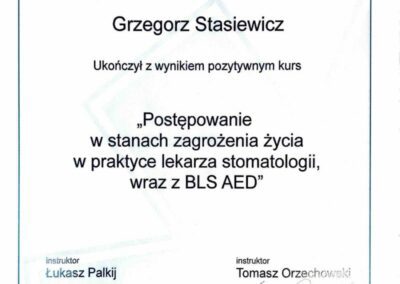 Certyfikat ze szkolenia Dr Grzegorz Stasiewicz