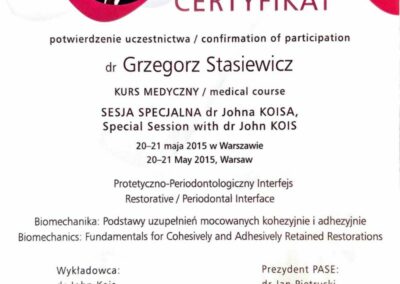 Certyfikat ze szkolenia Dr Grzegorz Stasiewicz