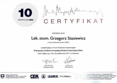 Certyfikat ze szkolenia Dr Grzegorz Stasiewicz