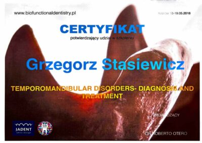 Certyfikat ze szkolenia Dr Grzegorz Stasiewicz