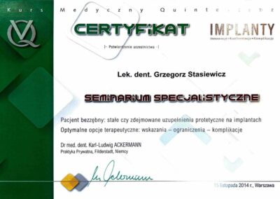 Certyfikat ze szkolenia Dr Grzegorz Stasiewicz
