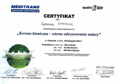 Certyfikat ze szkolenia Dr Grzegorz Stasiewicz