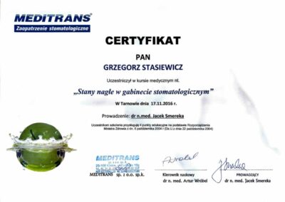 Certyfikat ze szkolenia Dr Grzegorz Stasiewicz
