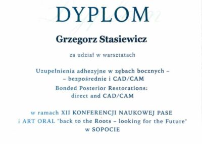Certyfikat ze szkolenia Dr Grzegorz Stasiewicz