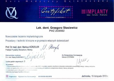 Certyfikat ze szkolenia Dr Grzegorz Stasiewicz