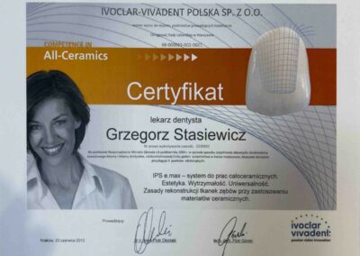 Certyfikat ze szkolenia Dr Grzegorz Stasiewicz