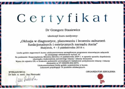 Certyfikat ze szkolenia Dr Grzegorz Stasiewicz