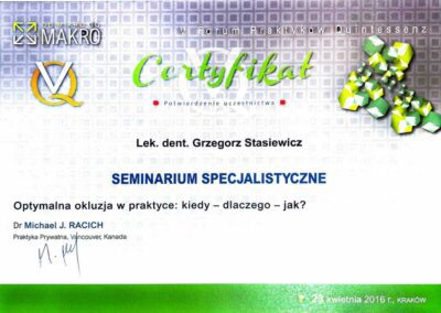Certyfikat ze szkolenia Dr Grzegorz Stasiewicz