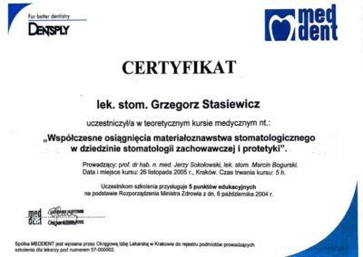 Certyfikat szkolenie - Dr Grzegorz Stasiewicz