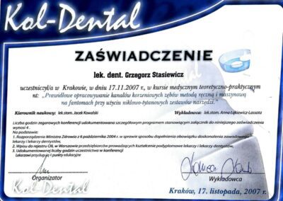 Certyfikat szkolenie - Dr Grzegorz Stasiewicz
