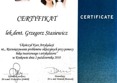 Certyfikat szkolenie - Dr Grzegorz Stasiewicz