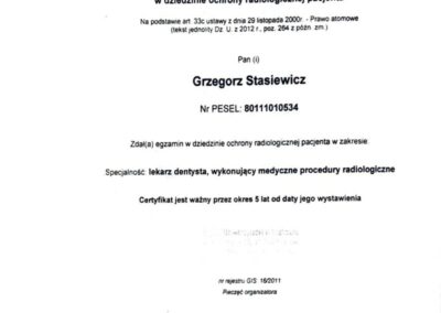 Certyfikat szkolenie - Dr Grzegorz Stasiewicz