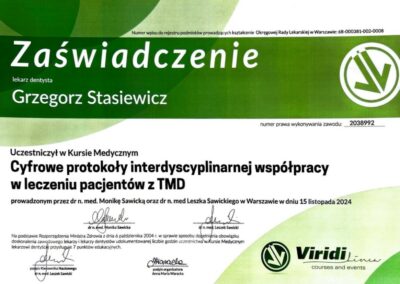 Certyfikat ze szkolenia Dr Grzegorz Stasiewicz