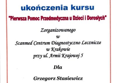 Certyfikat szkolenie - Dr Grzegorz Stasiewicz