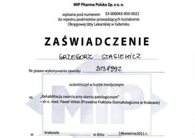 Certyfikat szkolenie - Dr Grzegorz Stasiewicz