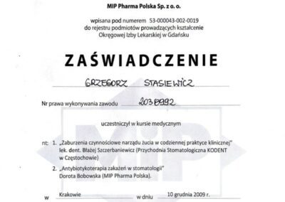 Certyfikat szkolenie - Dr Grzegorz Stasiewicz