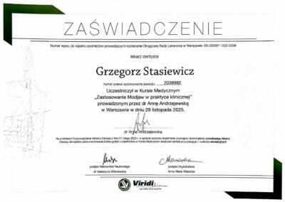 Certyfikat ze szkolenia Dr Stasiewicz