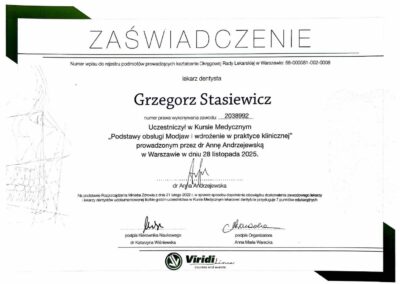 Certyfikat ze szkolenia Dr Stasiewicz