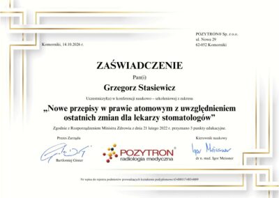 Certyfikat dla Dr Grzegorz Stasiewicz